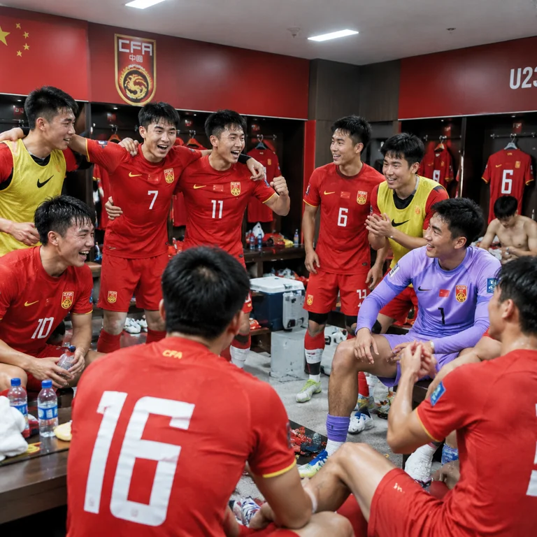 中国U23球员在更衣室内围绕庆祝，展现球队积极氛围